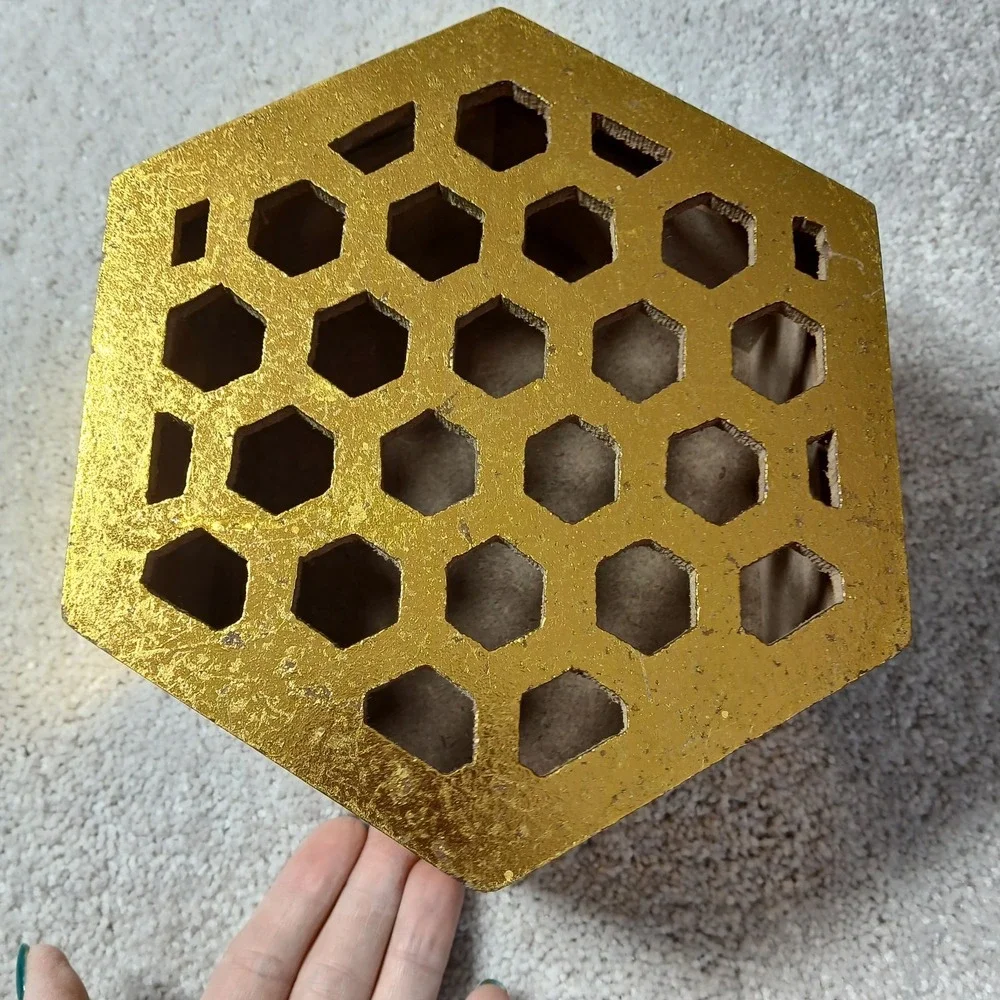 Wooden Honeycomb Hexagon Nesting Box Bee Decor Sign Gold Foil Metallic Shiny